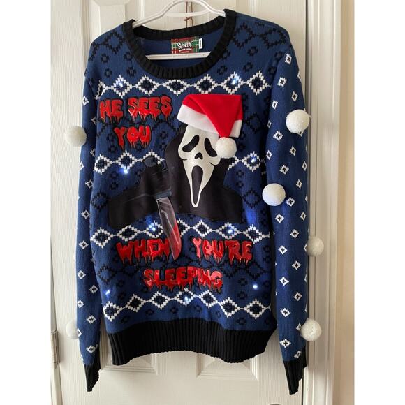 Spencers Ugly HORROR Scream SWEATER Large Ghost Face Lights Up Sound Christmas - Picture 1 of 9